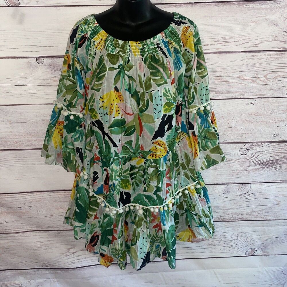True Destinations Womens M Tropical Tunic Dress Floral Pom Pom Boho Fairy B33